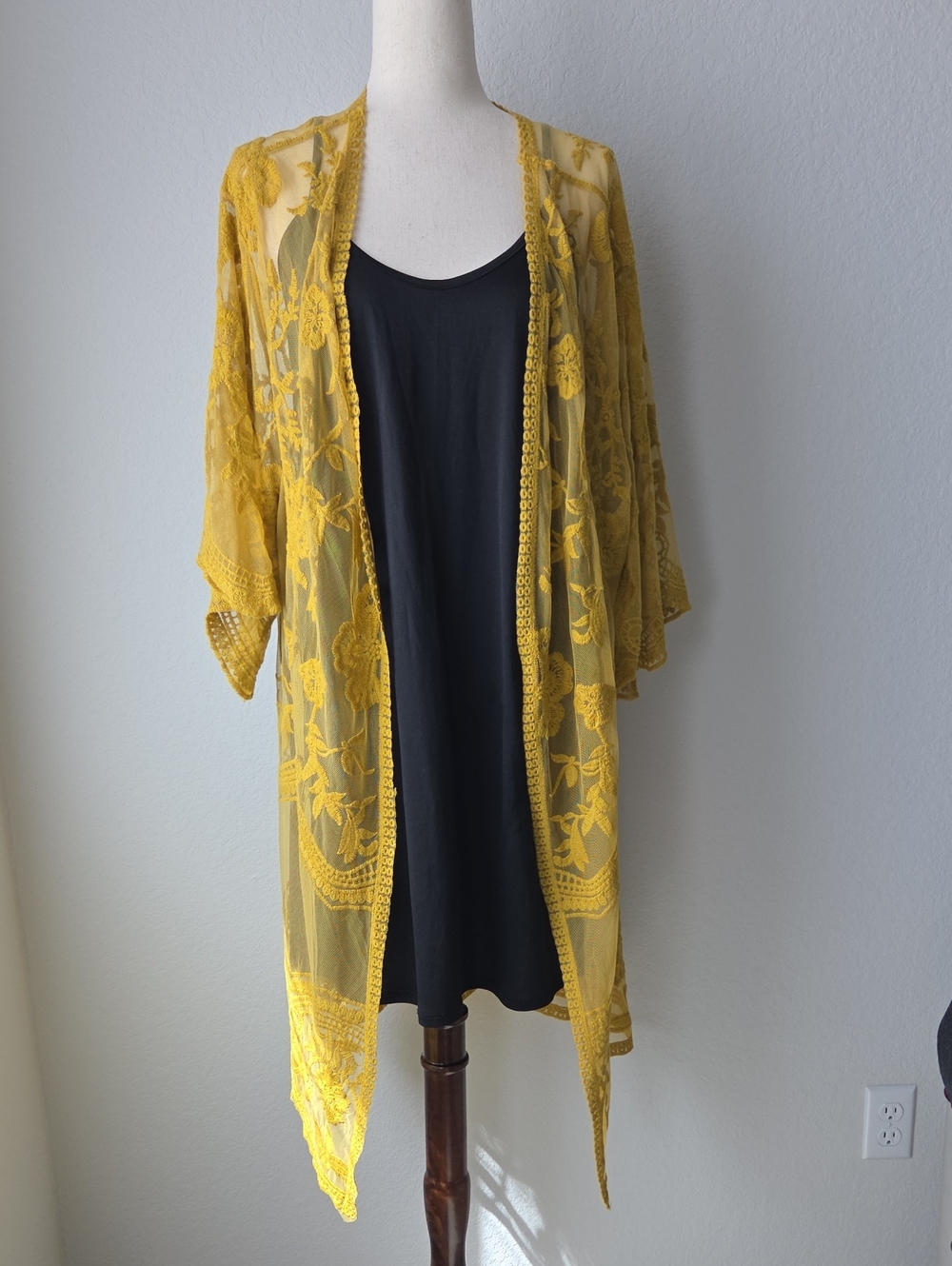 Mustard Yellow Mesh Floral Kimono Jacket Cover Open Front Boho Hippie Gypsy